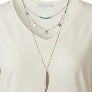 Boho Layered Feather Necklace Turquoise‎ Silver Tone